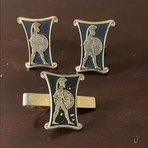 SWANK Gold and Black Warrior Cufflinks and Tie Clip Set